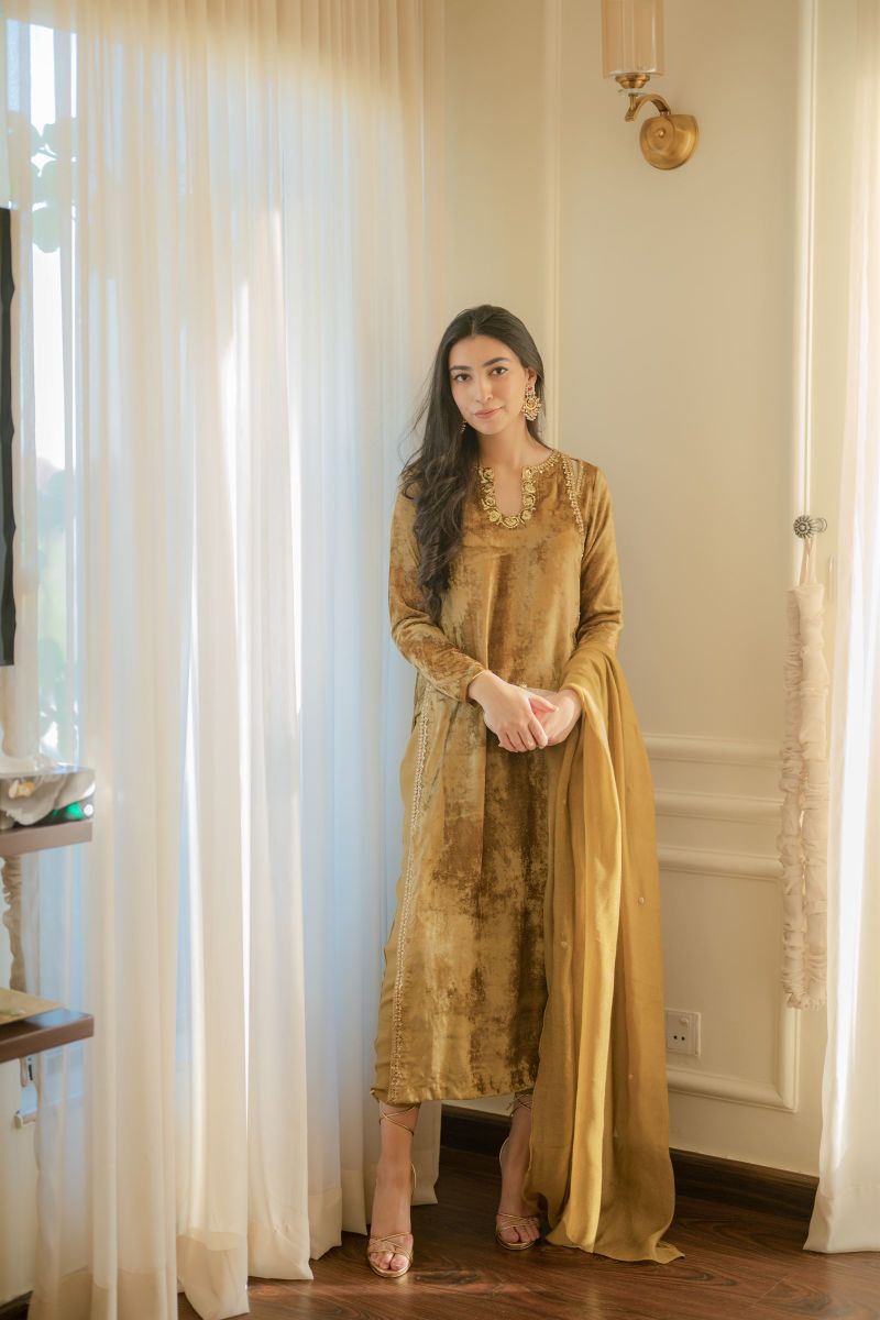 Goldish Mustard Velvet Fit