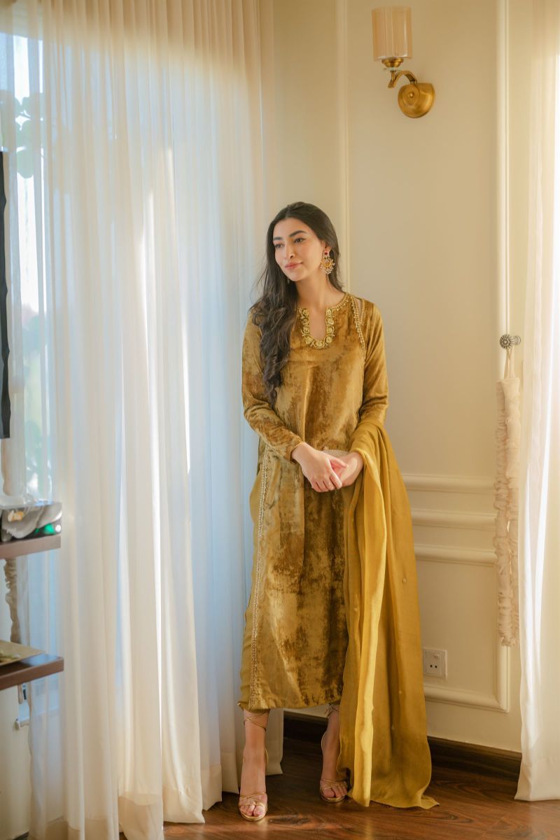 Goldish Mustard Velvet Fit