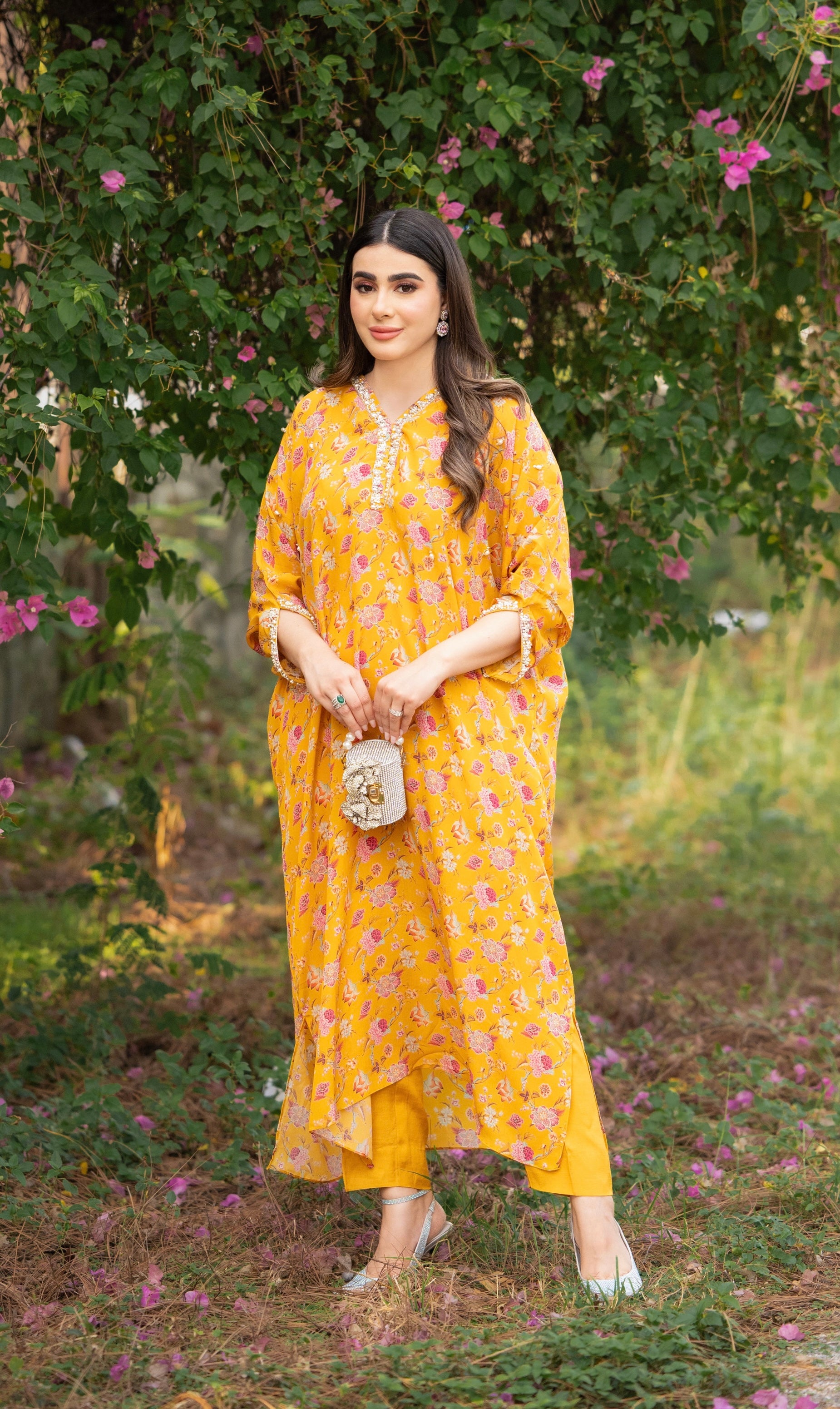 Mustard Printed Kaftan Set